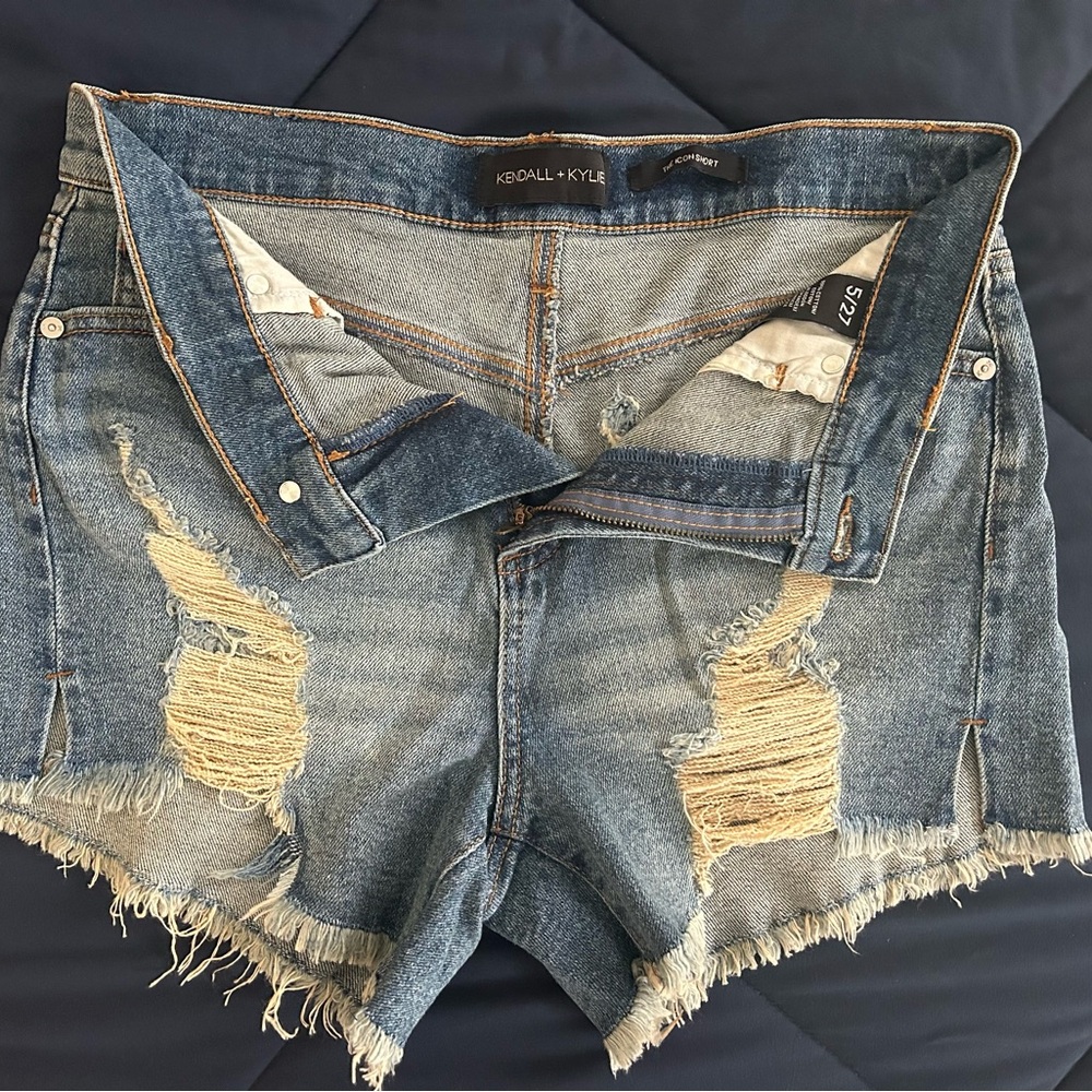 Kendall & Kylie Ripped Jean Shorts - Blue and Tan